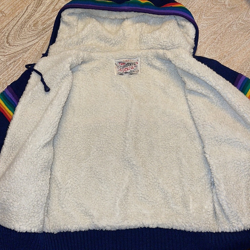 Vintage 60s 70s Navy blue Rainbow Hooded Sherpa lined Jacket Coat - Picture 3 of 8